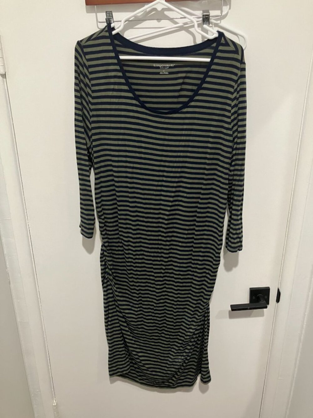 Liz Lange Maternity Target Striped Tee Dress Ruched 3/4 Sleeve Olive Navy XL